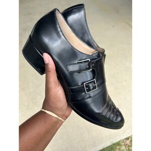 Saks Fifth Avenue Monk Strap Loafers Women's 9 Black Cutout Block Heel Shoes